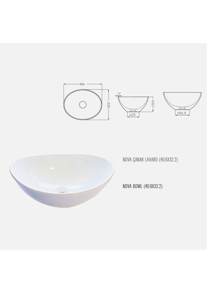 Çanak Lavabo Beyaz Mobilya Üstü 40,6 cm x 32,2 cm