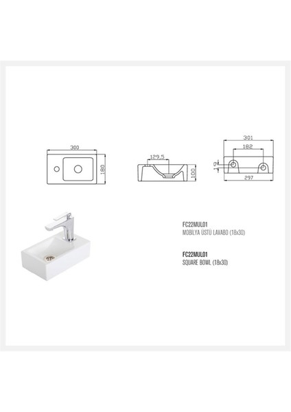 Güral Vit Mobilya Üstü Lavabo Beyaz 18 cm x 30 cm