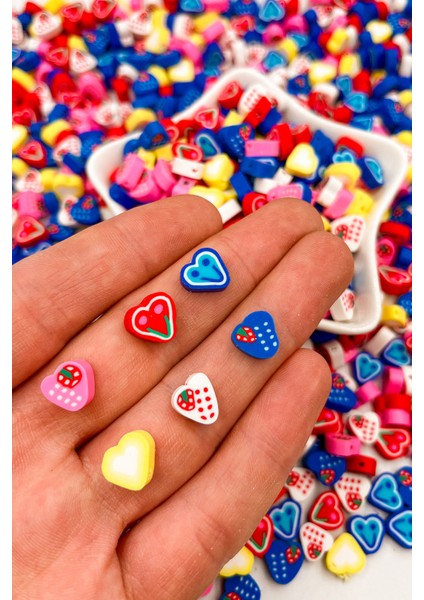 10MM Çilek Kalp Figür Fimo Boncuk Takı Yapımı Bead (100 Adet)