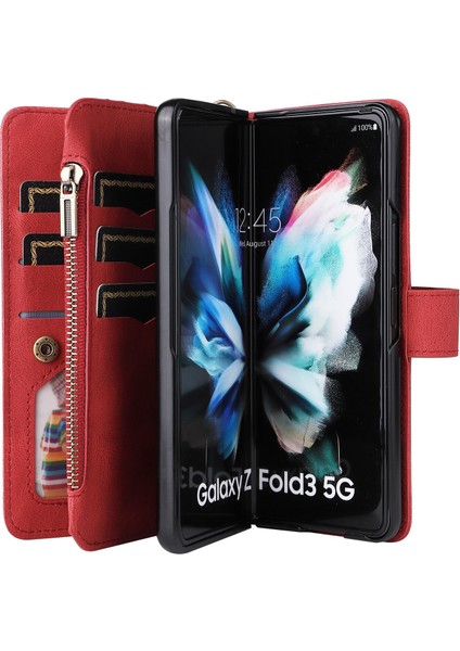 Samsung Galaxy Z Fold 4 Için Kılıf Pu Deri Manyetik Kapatma Onbeş Kart Yuvaları Fermuar Cep Telefon Kılıfı (Yurt Dışından)