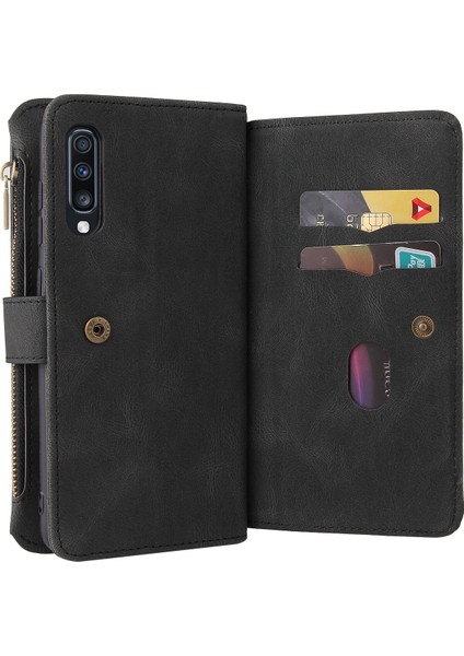 Samsung Galaxy A70 Için Kılıf Pu Deri Manyetik Kapatma Onbeş Kart Yuvaları Fermuar Cep Telefon Kılıfı (Yurt Dışından)