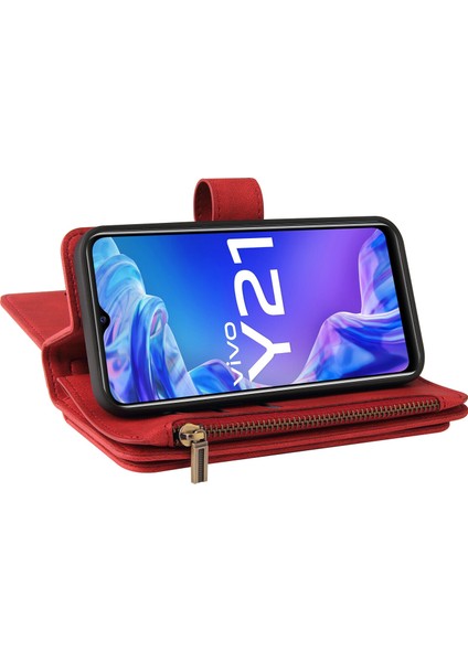 Vıvo Y21/Y33S Için Kılıf Pu Deri Manyetik Kapatma Onbeş Kart Yuvaları Fermuar Cep Telefon Kılıfı (Yurt Dışından)
