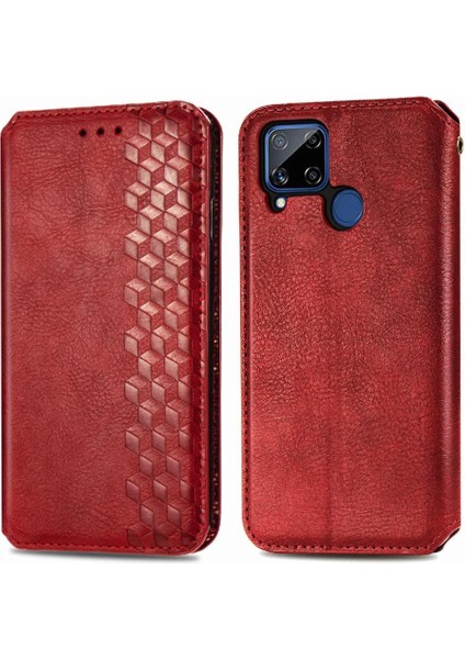 Oppo Realme C15 Zarif Iş Deri Çanta Cüzdan Fonksiyonu Için Kılıf (Yurt Dışından)