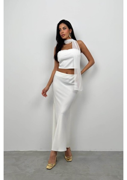 Şal Detay Straplez Bluz