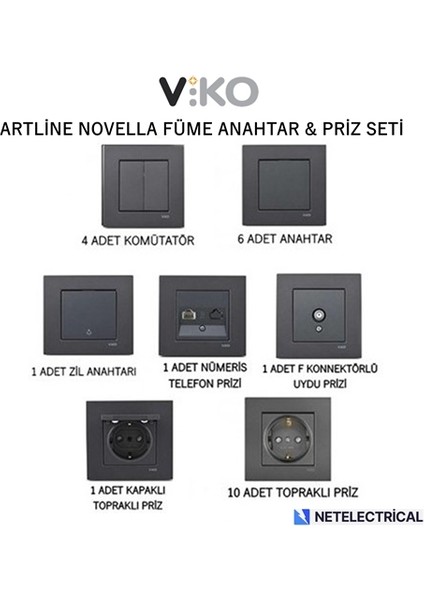Artline Novella Füme Anahtar & Priz Seti