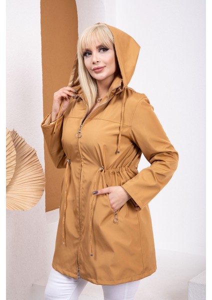 Kadın Kapüşonlu Fermuarlı Astarlı Ayarlanabilir Bel Bondit Kumaş Büyük Beden Yağmurluk