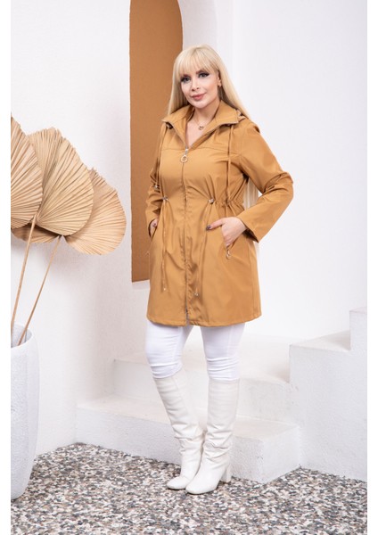 Kadın Kapüşonlu Fermuarlı Astarlı Ayarlanabilir Bel Bondit Kumaş Büyük Beden Yağmurluk fiyatları