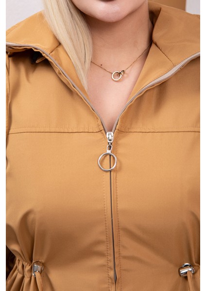 Kadın Kapüşonlu Fermuarlı Astarlı Ayarlanabilir Bel Bondit Kumaş Büyük Beden Yağmurluk fırsatları