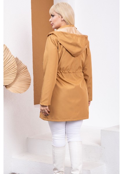 Kadın Kapüşonlu Fermuarlı Astarlı Ayarlanabilir Bel Bondit Kumaş Büyük Beden Yağmurluk indirimleri