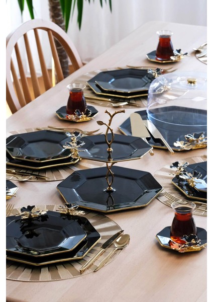 Dolmabahçe Sekizgen Siyah Altın Yaldızlı 6 Kişilik 34 Parça Pasta Servis Takımı
