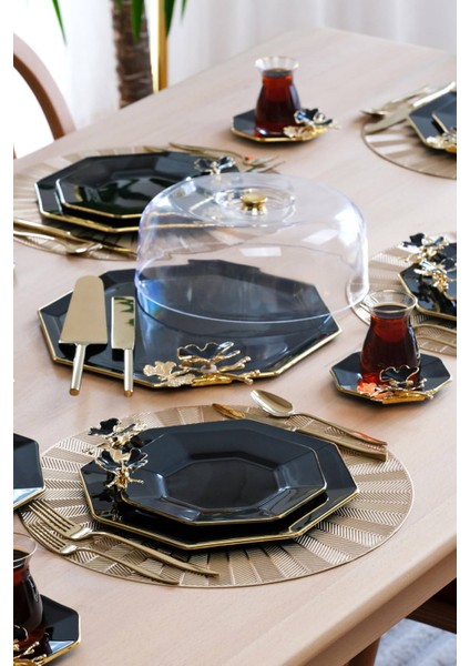 Dolmabahçe Sekizgen Siyah Altın Yaldızlı 6 Kişilik 34 Parça Pasta Servis Takımı fiyatları