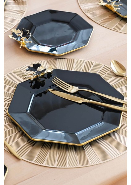 Dolmabahçe Sekizgen Siyah Altın Yaldızlı 6 Kişilik 34 Parça Pasta Servis Takımı modelleri