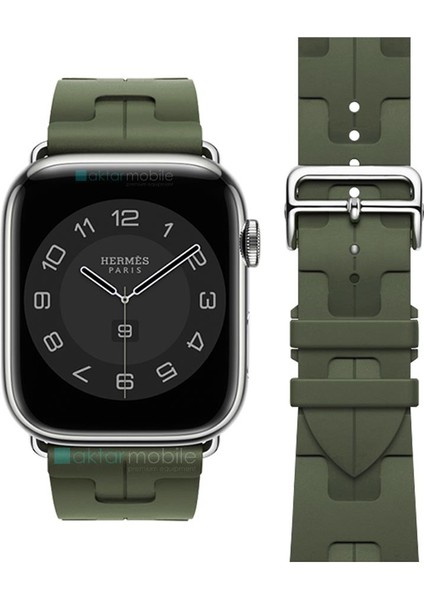 Apple Watch 7 8 9 45 mm Uyumlu Spor Silikon Kordon Hermes Kilim Motifli Kayış Katlanabilir Toka