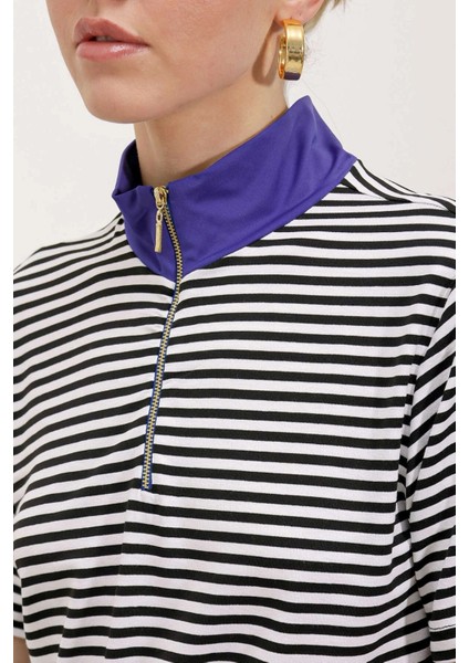 Kadın Saks Mavi Fermuarlı Polo Yaka Çizgili T-Shirt HZL23S-BD104971 modelleri