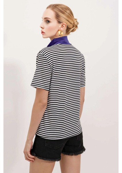 Kadın Saks Mavi Fermuarlı Polo Yaka Çizgili T-Shirt HZL23S-BD104971 fırsatları