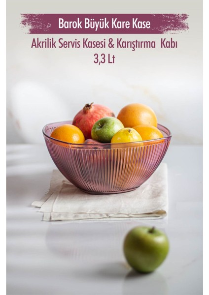 Akrilik Barok Mürdüm Büyük Kare Meyve & Salata Kasesi & Karıştırma Kabı / 3,3 Lt (Cam Değildir)