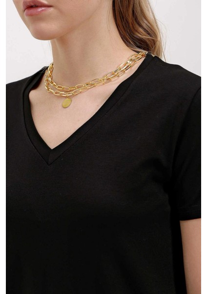 Kadın Siyah V Yaka Hafif Oversize T-Shirt HZL24S-BD143151 modelleri