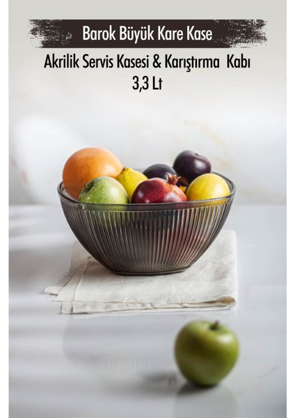 Akrilik Barok Füme Büyük Kare Meyve & Salata Kasesi & Karıştırma Kabı / 3,3 Lt (Cam Değildir)