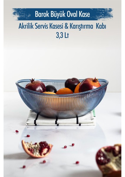 Akrilik Barok Lacivert Büyük Oval Meyve & Salata Kasesi & Karıştırma Kabı / 3,3 Lt (Cam Değildir)