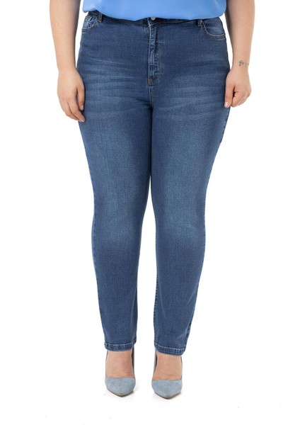 Büyük Beden Yüksek Bel Dar Paça Mavi Denim Pantolon