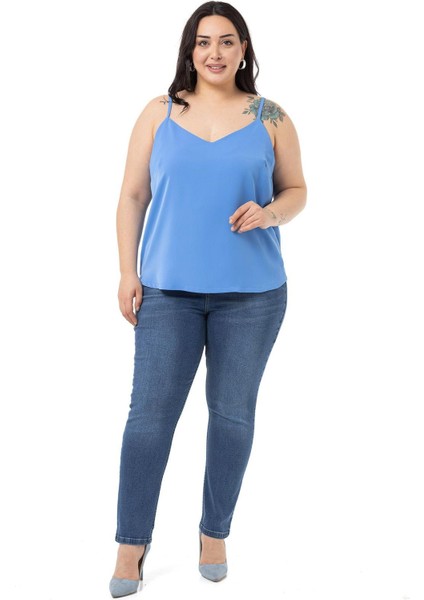 Büyük Beden Yüksek Bel Dar Paça Mavi Denim Pantolon fiyatları