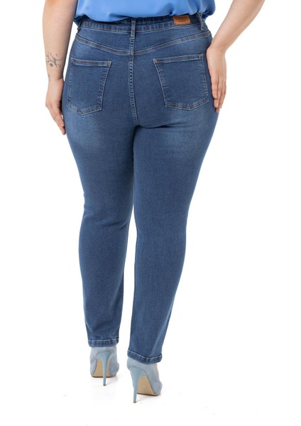 Büyük Beden Yüksek Bel Dar Paça Mavi Denim Pantolon modelleri