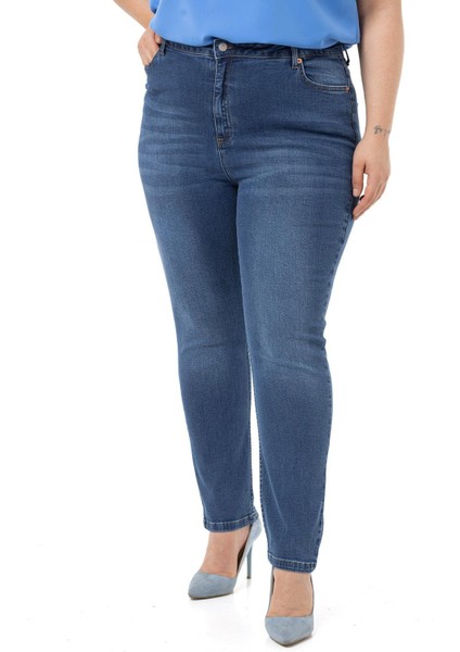 Büyük Beden Yüksek Bel Dar Paça Mavi Denim Pantolon indirimleri