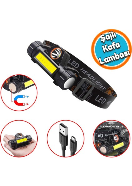Şarjlı Kafa Lambası Bisiklet Reflektörü Ledli Kamp Kafa Feneri El Feneri 2 Modlu Mıknatıslı