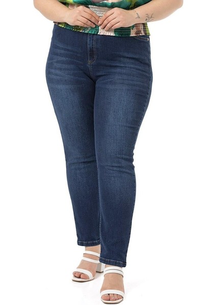 Büyük Beden Yüksek Bel Dar Paça Lacivert Denim Pantolon