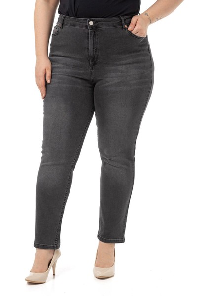 Büyük Beden Yüksek Bel Dar Paça Antrasit Denim Pantolon