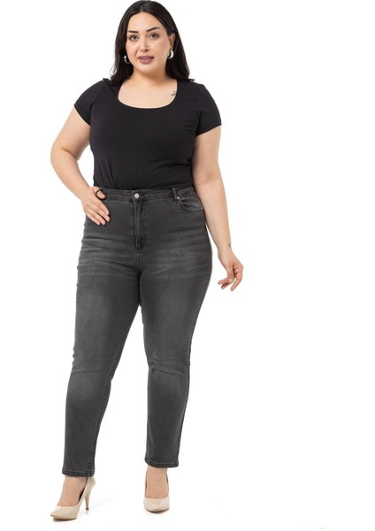 Büyük Beden Yüksek Bel Dar Paça Antrasit Denim Pantolon fiyatları