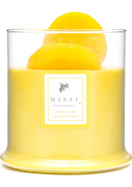 Büyük Üfleme Cam Ahşap Fitilli Limon Çiçeği Vegan Mum(380 gr)