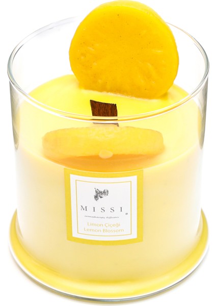 Büyük Üfleme Cam Ahşap Fitilli Limon Çiçeği Vegan Mum(380 gr)