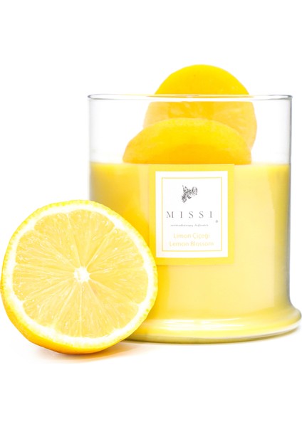 Büyük Üfleme Cam Ahşap Fitilli Limon Çiçeği Vegan Mum(380 gr)