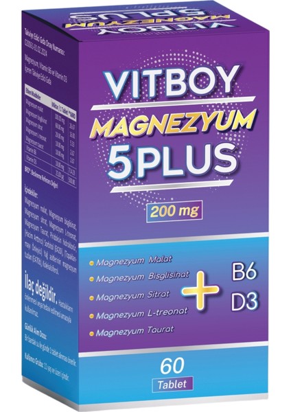 Magnezyum 5 Plus 60 Tablet 200 mg Malat-Bisglisinat-Sitrat-L-Treonat-Taurat-B6-D3