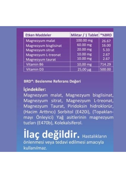 Magnezyum 5 Plus 60 Tablet 200 mg Malat-Bisglisinat-Sitrat-L-Treonat-Taurat-B6-D3