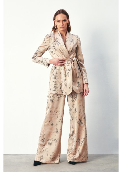 Parlak Desenli Salaş Pantolon - Bej modelleri