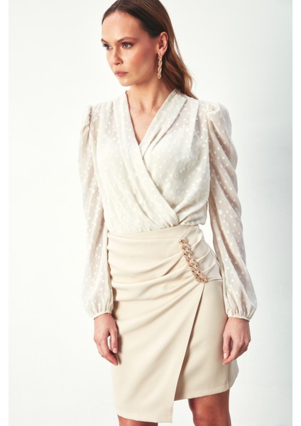 Desenli Kruvaze Bodysuit Bluz - Taş