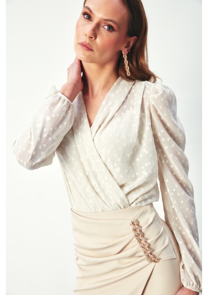 Desenli Kruvaze Bodysuit Bluz - Taş fırsatları