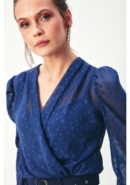 Desenli Kruvaze Bodysuit Bluz - Lacivert modelleri