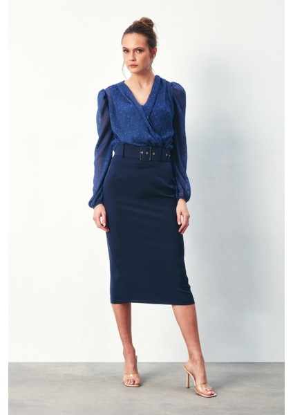 Desenli Kruvaze Bodysuit Bluz - Lacivert indirimleri