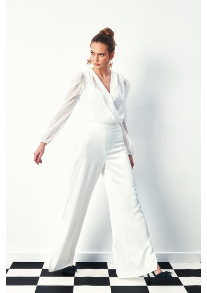 Desenli Kruvaze Bodysuit Bluz - Ekru