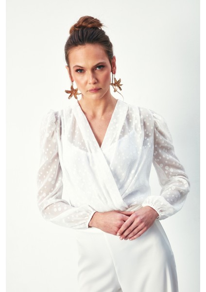 Desenli Kruvaze Bodysuit Bluz - Ekru modelleri