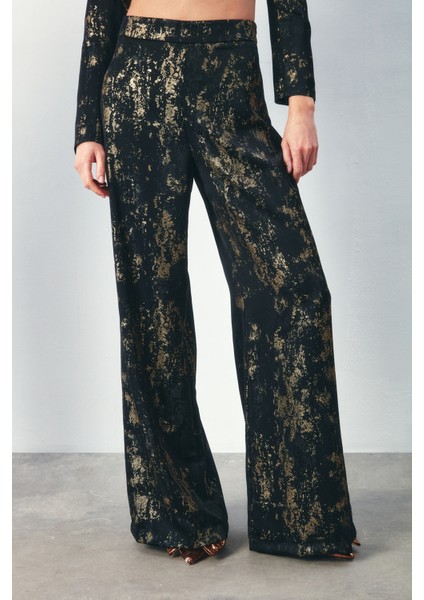 Parlak Desenli Salaş Pantolon - Siyah indirimleri