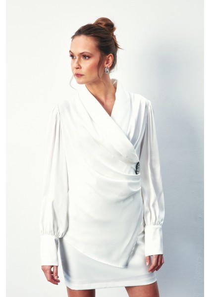 Broşlu Kruvaze Bluz - Ekru fırsatları