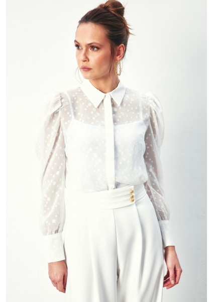 Puantiye Dokulu Gömlek - Ekru modelleri