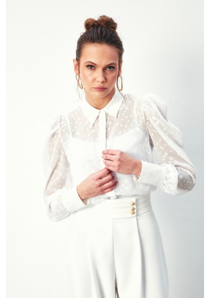 Puantiye Dokulu Gömlek - Ekru fırsatları