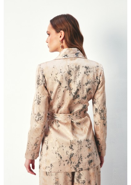 Parlak Desenli Kuşaklı Uzun Ceket - Bej indirimleri