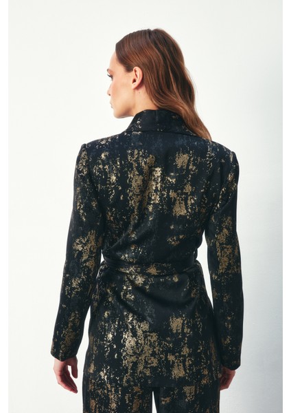 Parlak Desenli Kuşaklı Uzun Ceket - Siyah indirimleri