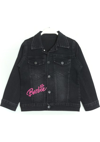 Barbie Baskılı Gömlek Yaka Kız Çocuk Kot Ceket 3-12 Yaş Siyah 001-0001861